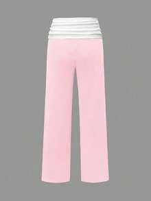 SCARLUX Summer & Autumn Y2K Women's Solid Pink Flare Pants, Folded Low Waist Casual Long Pants, Suitable For Back To School Streetwear - Pink - View 4