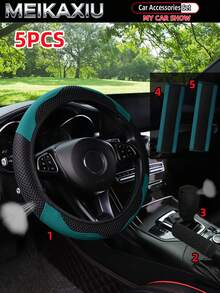 MEIKAXIU 5pcs Breathable PU Leather Diamond Mesh Steering Wheel Cover, Handbrake Cover, Gear Shift Cover, Suitable For 14.5-15 Inch Car Interior Decoration - PU Leather Mesh Style - View 19