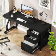 LITTLE TREE Computer Desk With 3 Drawers, 59-Inch PC Desk With Reversible Drawers, Industrial Study Writing Table Workstation With File Storage For Home Office - A - View 4