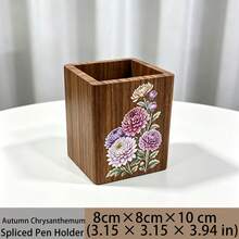 Tempat Pena Persegi dari Kayu Jati, Ember Pena Meja dengan Motif Bunga Klasik, Kotak Penyimpanan Meja Multifungsi, Cocok untuk Rumah, Kantor, Penyimpanan Alat Tulis dan Dekorasi - A - View 8