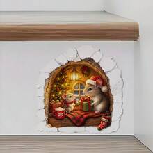 1pc 2D Christmas Window Sticker Squirrel Pine Branch Gift Pine Cone Red Gold Decorative Ball Warm Cute Window Glass Self-Adhesive Decorative Sticker - Multicolor - View 5