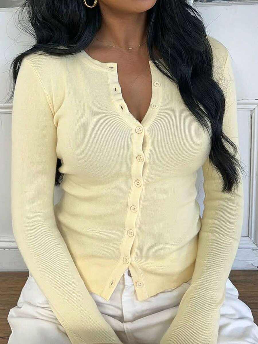 NOIRLYN Women's Fall Winter Y2K Sexy Fitted Top, Cream Yellow Button‑Front Crew Neck Long Sleeve T‑Shirt For Daily Wear - Light Yellow - View 1