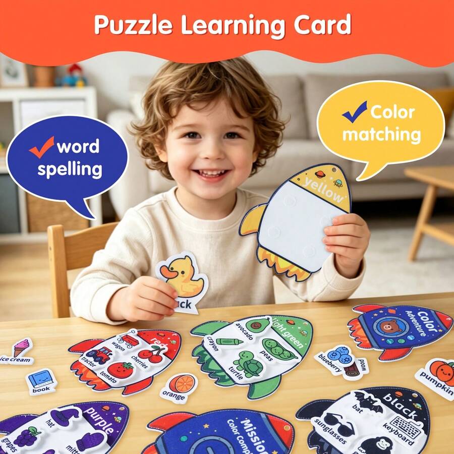 Felt Matching Game Set, Classroom Learning Word Cards, Color Matching Busy Book, Interactive Activity Busy Book, Reusable Felt Toy Book, Christmas, Halloween, Easter, Birthday Gift - Rocket Color - View 1