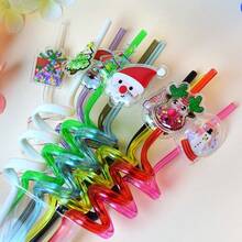 2,5pcs Christmas Glitter Cartoon Curved Straws, Santa Claus Snowman Reindeer Gift Christmas Tree Shaped Party Decoration Straws - Multicolor - View 1