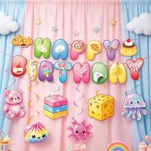 21PC Cute Cartoon Food Theme Birthday Party Decoration Set, Including Birthday Flags With Dumpling And Bread Patterns, Jelly Bear And Starfish Hanging Ornaments With Rotating Fringes, And Party Ceiling Hanging Decorations - View 4
