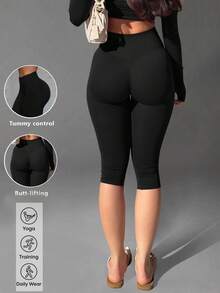 1pc Solid Color Tummy Control Butt Lifting Shaping Mid-Length Sports Shorts Black Summer - Black - View 1