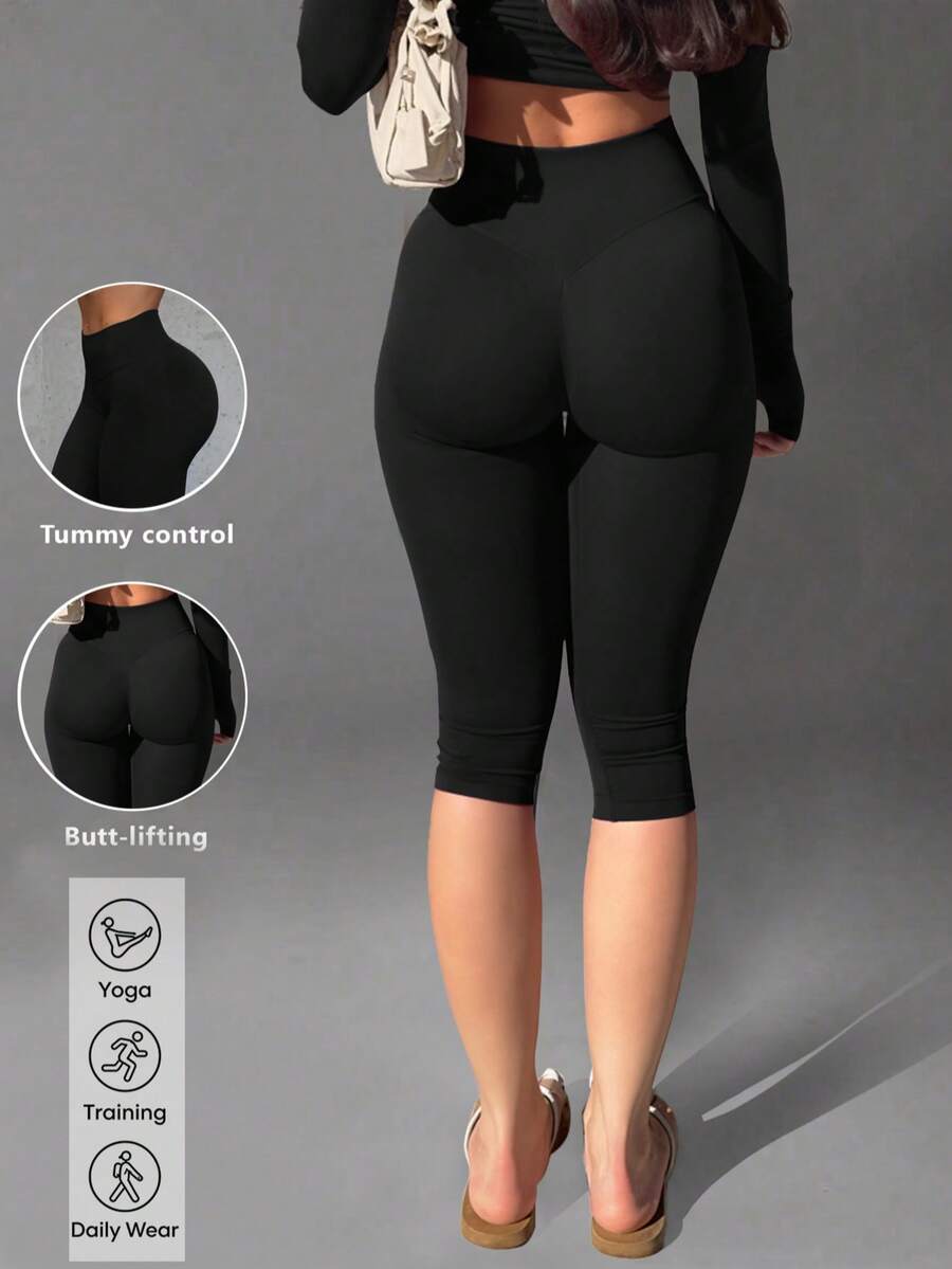 1pc Solid Color Tummy Control Butt Lifting Shaping Mid-Length Sports Shorts Black Summer - Black - View 1