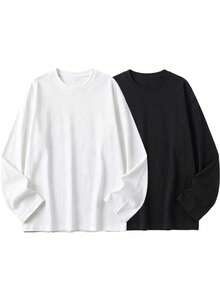 2 Pack Kaos Wanita Oversized Lengan Panjang, Polos Kerah Bulat Bahu Turun Potongan Longgar Kasual Basic, Atasan Harian untuk Musim Semi Gugur dan Dingin - MultiWarna - View 3