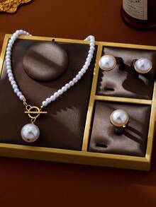 1 Set Women's Jewelry Set, Fashion Faux Pearl Beaded Multi-Layer Choker Necklace, Bracelet, Earrings Set, Suitable For Gifts Or Party Wear - Pink - View 13