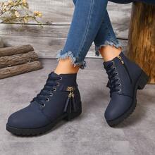 Women's Personalized Tassel Decor Ankle Boots With Metal Buckle Accessory, Lace-Up Closure And Side Zipper For Easy On/Off, Casual Daily Wear And Dating, Pairs With Pants - Blue - View 5