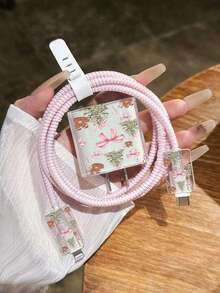 5pcs Pink Girly Christmas Theme Pattern 1.4m Cable Wrap Charger Head Protector, Anti-Breakage TPU Cable Organizer Charger Head Protector. Suitable For Phone 12/13/14, Suitable For 20W Fast Charging Cable - Multicolor - View 3