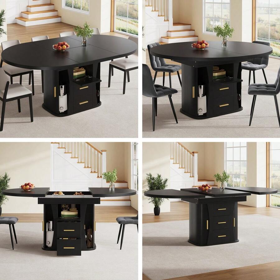 Extendable Dining Table, Dining Room Table, Kitchen Table, Round Dining Table, Extends To Oval, 118-158, Seats Up To 6 People, Three-Tier Storage, Walnut - Black + MDF - View 1