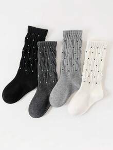 4 Pairs Polka Dot Girls Socks, Loose Fit, Medium Thick, Black, White, Grey, Spring Autumn Winter Children Calf Socks, Fashion - Multicolor - View 6