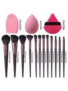 15Pcs Makeup Brush Kit, 12Pcs Face & Eye Makeup Brushes + Makeup Sponge + Triangle Powder Puff + Silicone Brush Cleaner, Soft Fiber For Foundation Blush Eyebrow Eyeshadow Daily Makeup - Coffee Brown - View 8