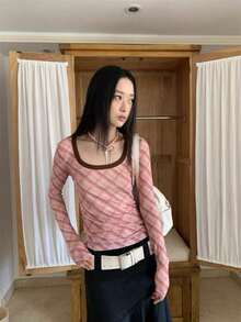 Autumn/Winter/Spring Plaid Slim Fit Pink Inner Layer Long Sleeve T-Shirt Women's Top Design - Pink - View 6