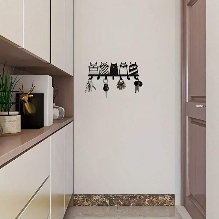 Cute 5pcs Cat Iron Key Hooks, Wall-Mounted Door Back Storage Rack, Creative Cartoon Cat Decorative Organizer Hook For Entryway, Hallway, Bathroom, Kitchen, Bedroom, Closet, Durable Farmhouse Rustic Style, Cute Kitty Gifts For Cat Lovers - View 1