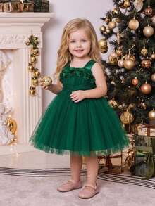 Baby Girls 3D Floral Mesh Cute Puffy Flower Girl Dress, Headband Not Included - Dark Green - View 2