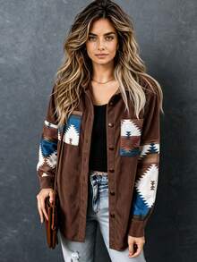Women's Western Style Brown Corduroy Shacket, Print Patch Pocket Long Sleeve Jacket Suitable For Road Trips - Multicolor - View 5