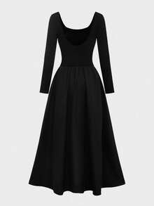 QUNGIGU Elegant Women Square Neck Maxi Dress Long Sleeve Cinched Waist Flared Hem For Fall Winter Going Out Dating Daily Wear - Black - View 7