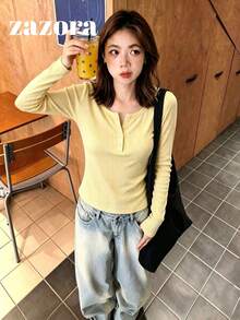 女款極簡純色大圓領長袖T恤，修身彈性內搭短版上衣，初秋款 - 黃色 - 查看 4