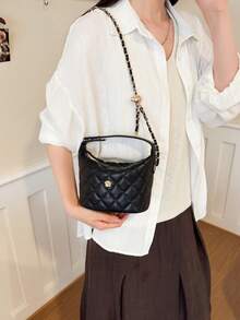1pc Classic Diamond Quilted Mini Bucket Purse, Camellia Metal Embellishment, Adjustable Leather Woven Chain Strap Women Shoulder Crossbody Bag - Multicolor - View 8