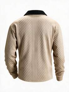 Áo polo nam tay dài dệt jacquard họa tiết kim cương phong cách Old Money cho mùa thu/đông, cổ V phối màu tương phản, kiểu mặc chui đầu casual đi làm - Màu Khaki - Xem 5