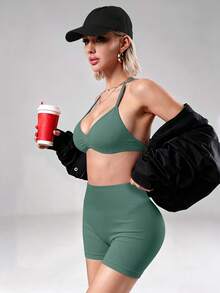 DINBEY Women's Seamless Yoga 2 Pieces Set, Halter Neck Sports Bra With Padding + High Waist Tummy Control Butt Lifting Ruched Fitness Shorts, Athleisure Outfit - Green - View 5