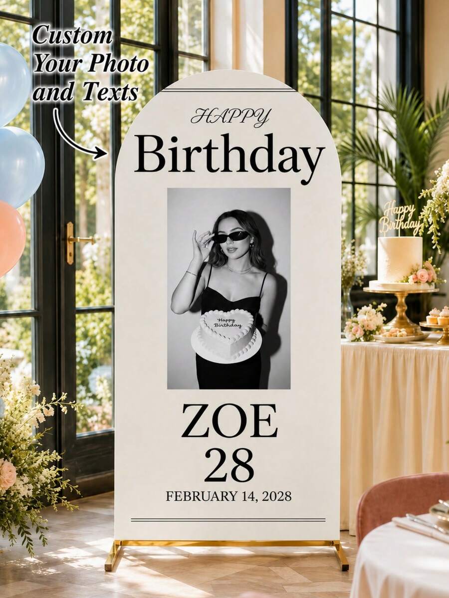 Customized Happy Birthday Arch Cover - Customizable With Exclusive Photo/Name/Age/Date, For Display With Arch Frame (Frame Not Included), Suitable For Family Celebrations/Banquet, Applicable For Birthday, Theme Party And Wedding; Suitable For Indoor And Outdoor Use, Ideal For Graduation, Christmas, Halloween, Valentine's Day, Mother's Day And Other Occasions - Multicolor - View 1