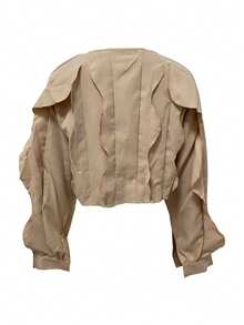 New Korean Style Gentle Asymmetric Ruffle Lantern Sleeve Single-Breasted Cropped Jacket - Apricot - View 3