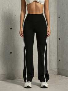 Hidkat Women's Fashion Solid Color High Waist Slim Fit Yoga Casual Sports Knit Flare Pants - Black - View 4