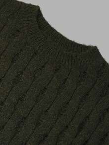 NiceArt Vertical Striped Distressed Knit Top, Winter Retro Casual Dark Green Drop Shoulder Long Sleeve Sweater, Autumn Outfit, Christmas, Halloween - Green - View 4