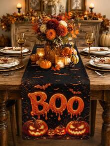 Halloween Table Runner, Throw Pillow, Placemat, Black Background Halloween Glowing Dripping BOO Lettering Bat Spider Web Pumpkin Lantern Long Table Runner, Vintage Holiday Party Decor Fabric Table Mat - Multicolor - View 2