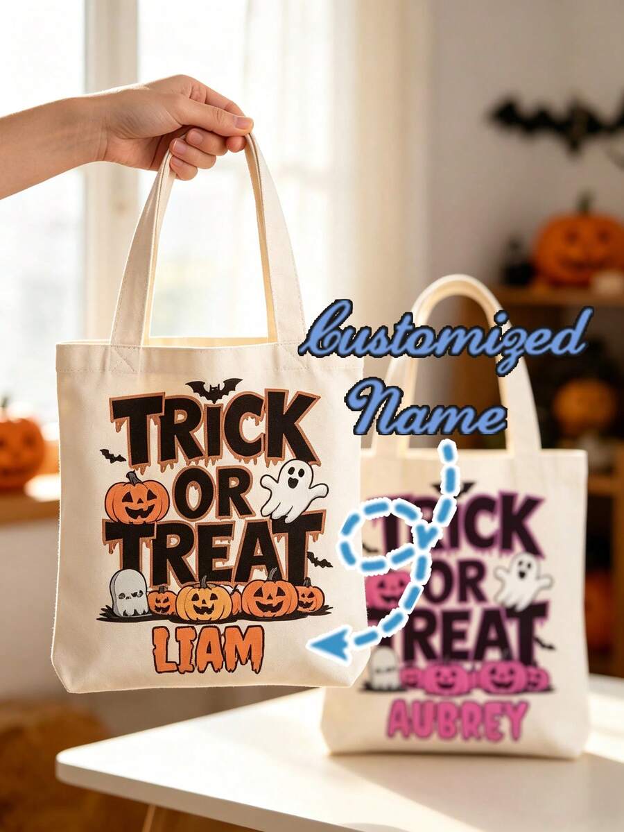 客製化姓名萬聖節托特包,可愛幽靈南瓜卡通帆布手提包,個性化兒童萬聖節不給糖就搗蛋糖果袋,萬聖節派對禮物 - 彩色 - 查看 1
