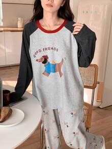 2pcs/Set Women's Pajamas Loungewear Set, Pullover Round Neck Cute Puppy Print Simple Long Sleeve 9/10 Pants, Easy Care Fabric - Multicolor - View 9