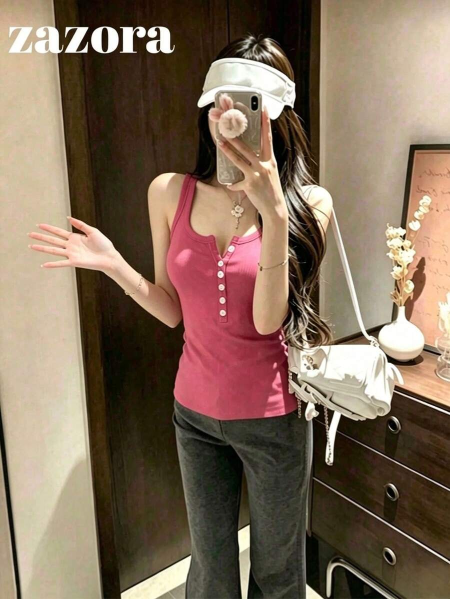 Korean Style Sexy U-Neck Button Knit Camisole Tank Top For Women, Casual All Season - Hot Pink - View 1