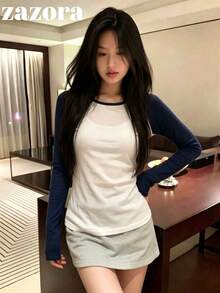 女款拼色網格拼接長袖上衣，復古酷感薄款微透修身內搭T恤，秋季 - 藏青色 - 查看 8