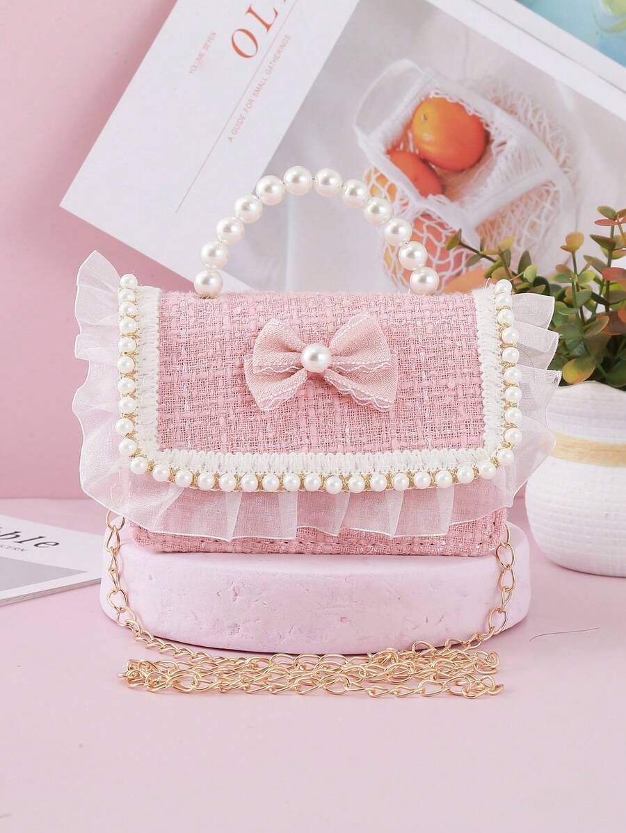 1pc Mini Kids Handbag With Pearl Lace And Bow Decor Flap Closure, Fashion Chain Crossbody Bag For Girls, Snack Coin Purse, Suitable For Holidays And Daily Use - Pink - View 1