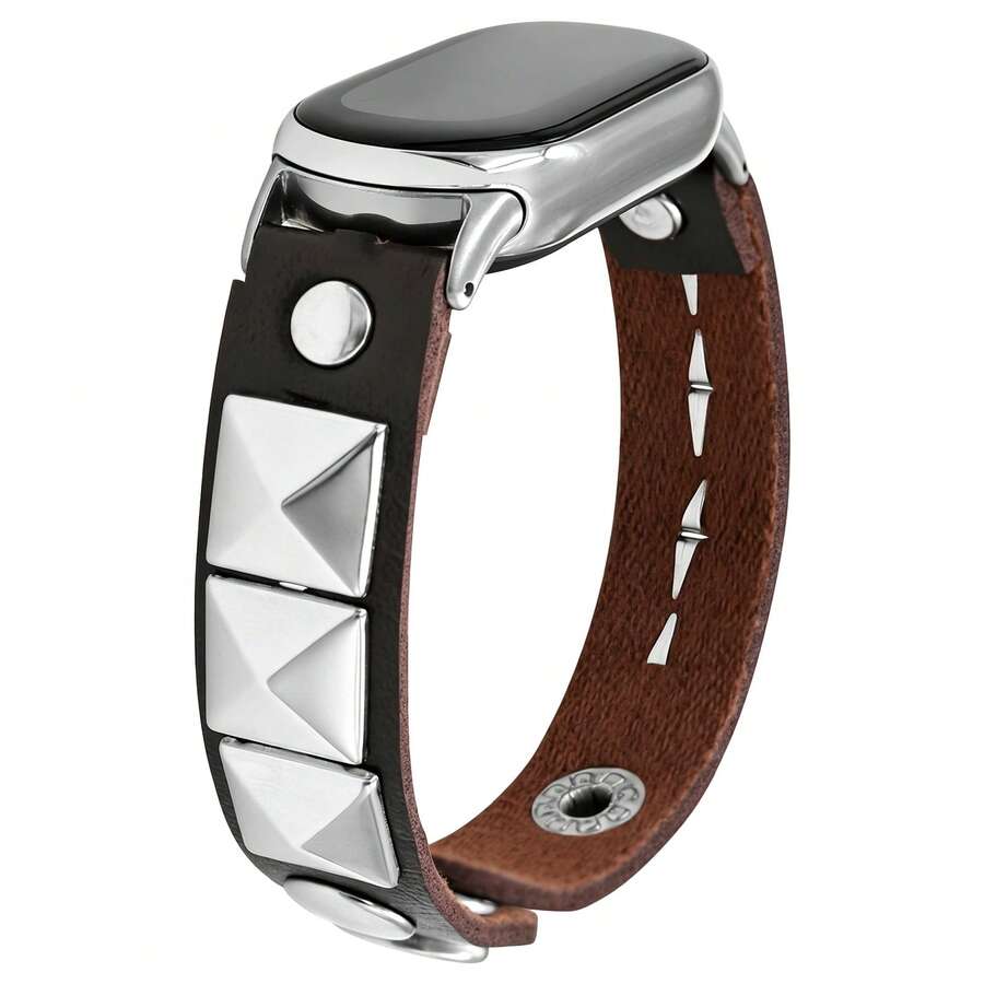 1pc Unisex Retro Rock Style Cool Square Metal Rivet Watch Band Black Brown Leather Strap Replacement Band For Xiaomi Band 10/9/8/7 Compatible With Xiaomi Band 10/9/8/7 Pro Smart Watch Band Accessory Streetwear Style - Rust Brown - View 1