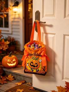 5/8/12 Pcs Halloween Candy Bags Drawstring Tote With Handles And Free Plush Doll, 100% Fabric Small Reusable Gift Bags For Trick Or Treat, Party Favors, Candy Storage, Assorted Pumpkin Ghost Bat Patterns - A - View 3