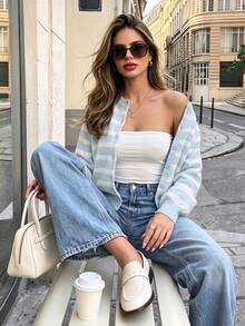 Women's Autumn Blue & White Striped Knit Cardigan, Round Neck, Button Front, Lantern Sleeves, Ribbed Hem, Casual Back To School Daily Top - Blue and White - View 9