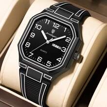 POEDAGAR Men's Luminous Waterproof Dual Calendar Minimalist Line-Edge Design Watch, Casual Business Watch, Fashionable Silicone Strap Quartz Watch - Multicolor - View 14