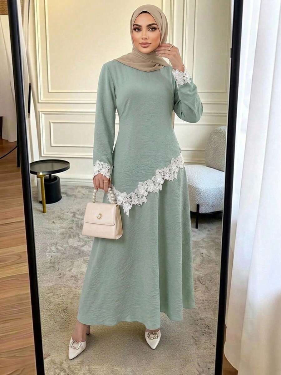 女士撞色蕾丝不对称下摆长袖上衣和中长裙阿拉伯风格套装 - 彩色 - 查看 1