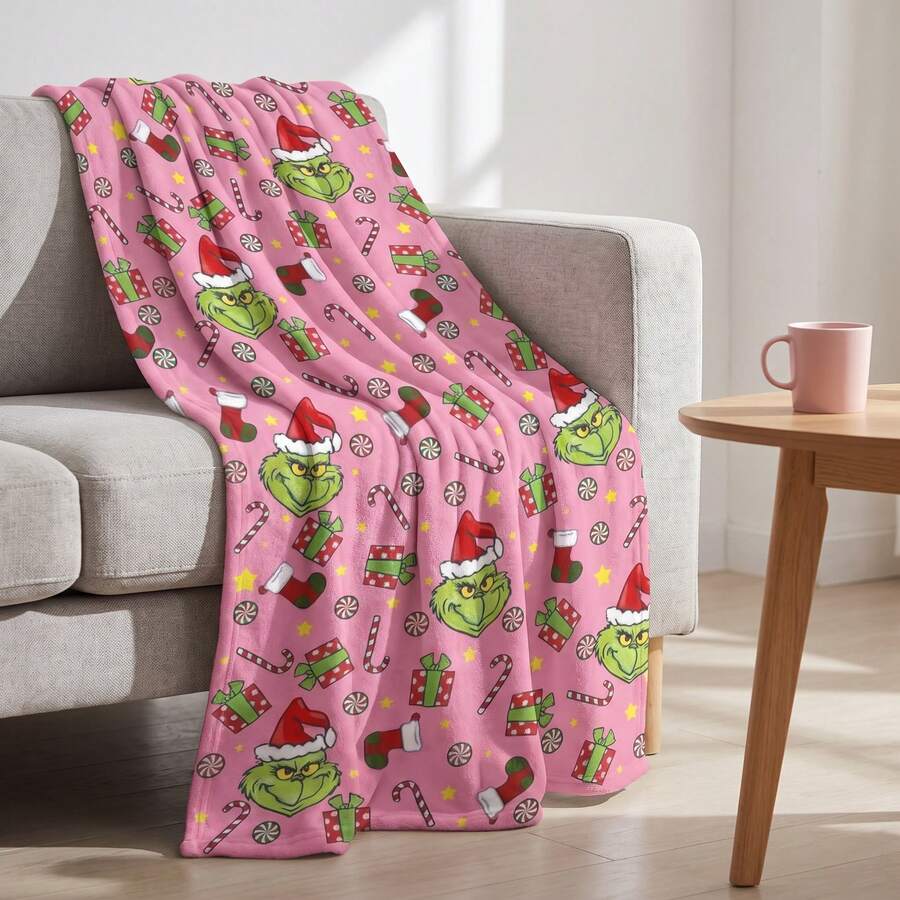 The Grinch Soft & Comfortable 1pc Modern Flannel Christmas Nap Blanket - Christmas Gift - Polyester Nap Blanket - Digital Printing Process, Suitable For Sofa, Bed, Travel, Office Home Decor - Multicolor - View 1