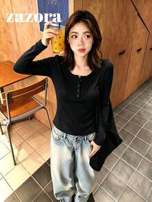 女款極簡純色大圓領長袖T恤，修身彈性打底衫，初秋休閒短版上衣 - 黑色 - 查看 4