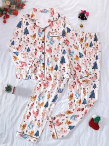 2pcs Women's Long Sleeve Pajama Set, Christmas Cartoon Chicken Family Pattern, Gift 2-Piece Set, Lapel Button Long Sleeve, Loose Elastic Long Pants, Suitable For All Seasons, Home Wear, Outdoor Wear, Comfortable And Loose, New Full Print Pattern - Apricot - View 8