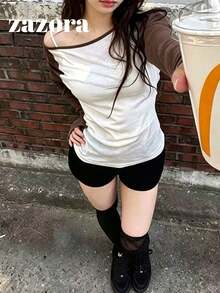 女款拼色網格拼接長袖上衣，復古酷感薄款微透修身內搭T恤，秋季 - 咖色 - 查看 5
