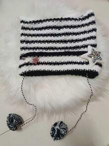 1pc Punk Gothic Y2K Cute Black & White Striped Cat Ear Knit Beanie, Women's Warm Crochet Demon Hat, Autumn/Winter - A - View 14