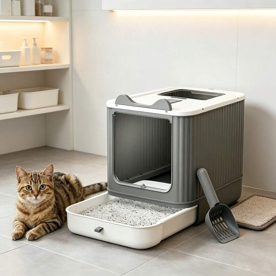 Large Enclosed Cat Litter Box, Top Entry, High Side Walls, Foldable Easy-To-Clean Pull-Out Tray, Effective Odor Control, Spacious Interior, Suitable For Large Cats, Tool-Free Assembly, Comes With Hanging Litter Scoop, Modern Home Design