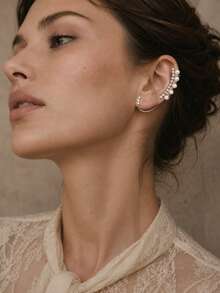outingfit 1 Pair New Geometric Ear Cuff Minimalist Design Rhinestone Earrings Accessories For Women - Silver - View 3