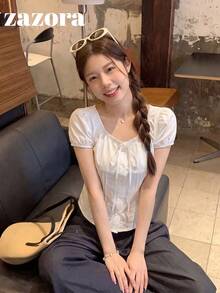 韓式新款甜美修身領結設計百搭顯瘦花瓣袖輕盈聚酯纖維短袖女款夏季白色襯衫上衣 - 白色 - 查看 7